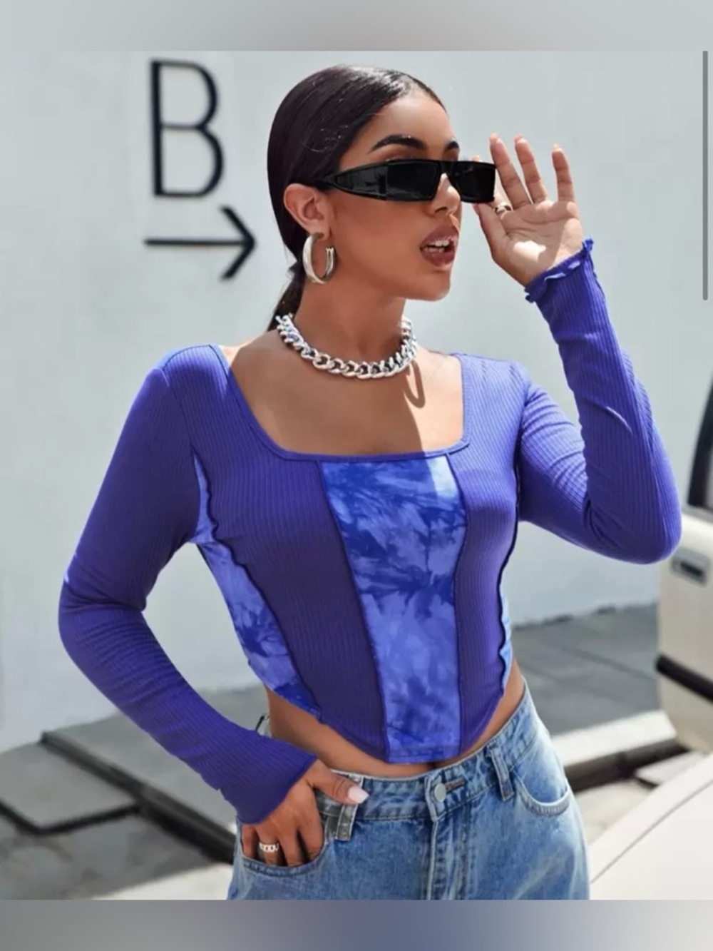 SHEIN Purple Ribbed Cropped Long Sleeve Top with Blue Tie-Dye Panels